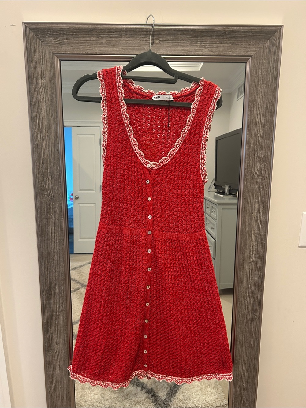 Zara Red Crochet Button-Front Mini Dress with White Trim